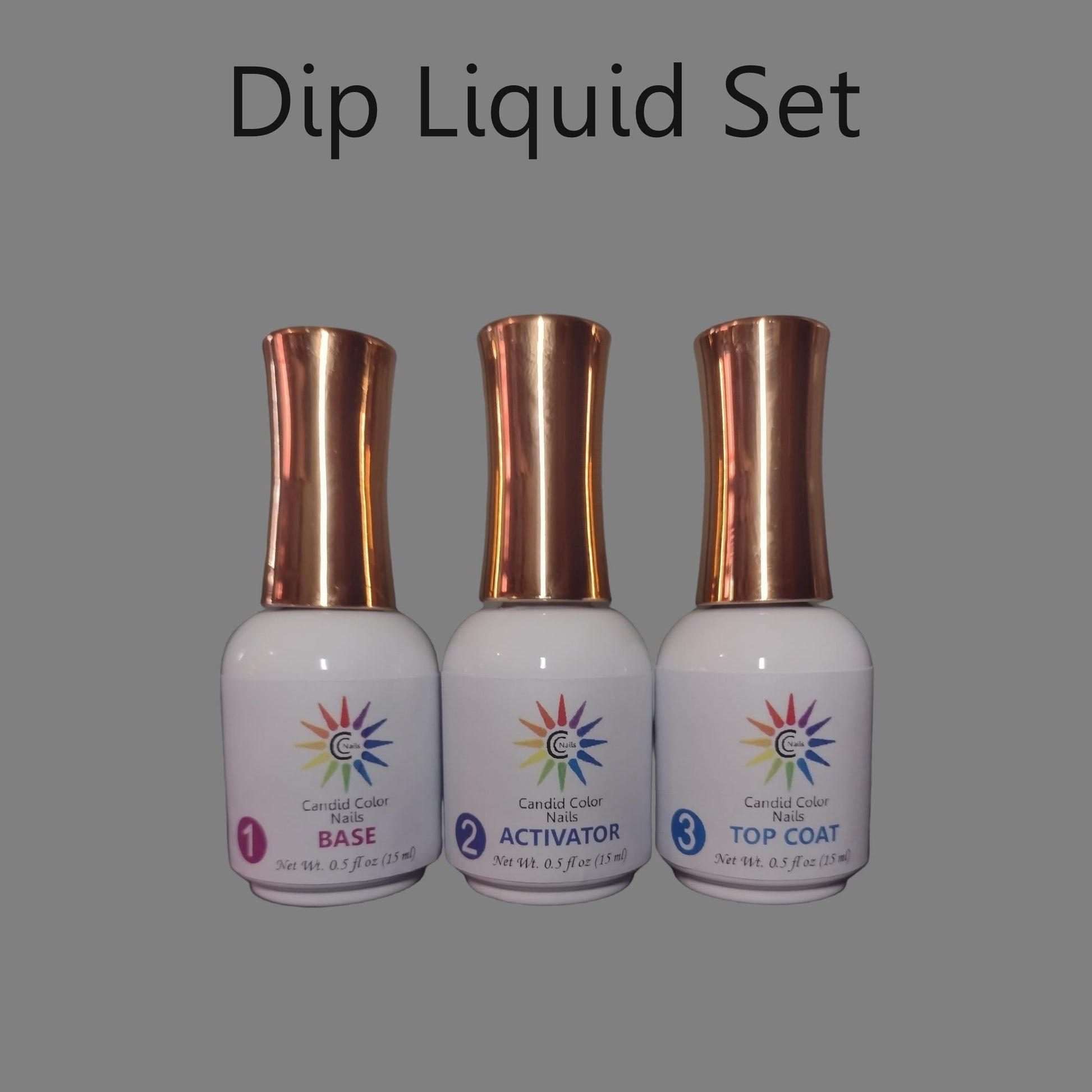 Candid Color Nails Dip Liquid Set includes Base (Step 1), Activator (Step 2), and Top Coat (Step 3).