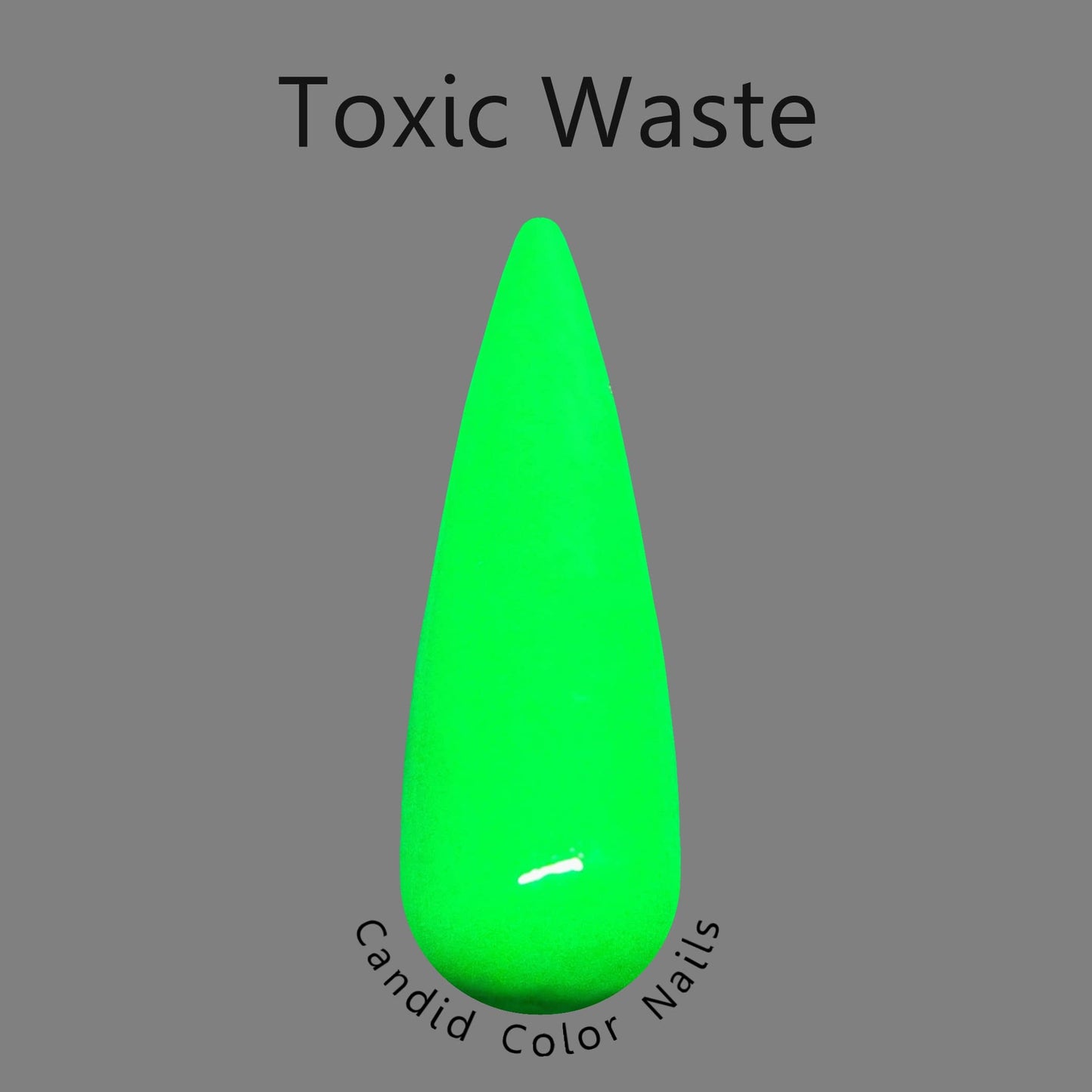 A finger nail swatch with Toxic Waste, a bright neon safety green dip powder.
