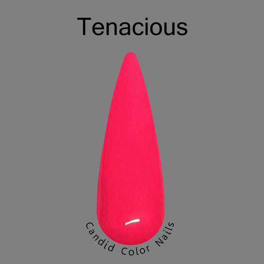A finger nail swatch with Tenacious, a bright neon pink with red undertones dip powder.