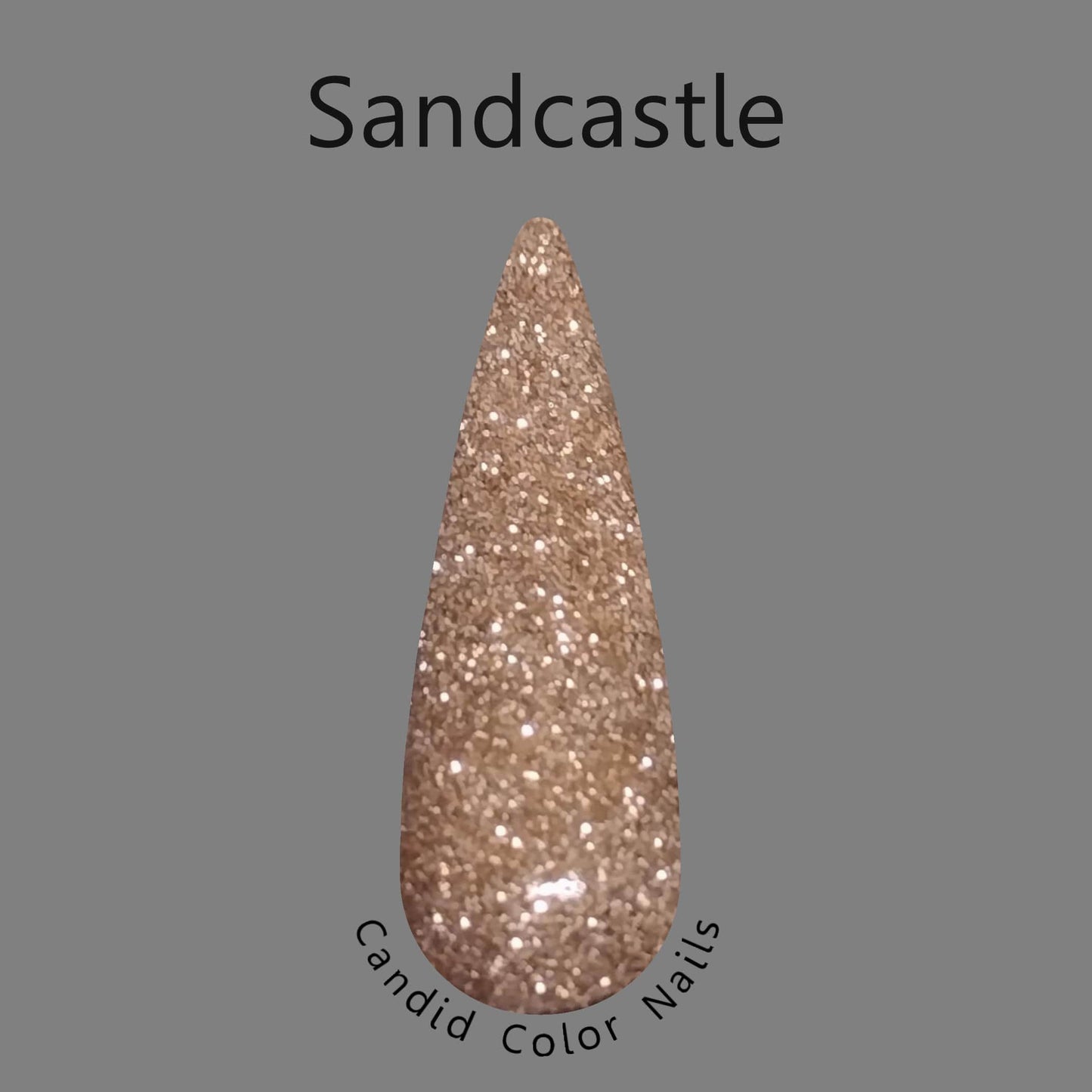 A finger nail swatch with a light gold extra fine metallic / reflective glitter in a clear dip powder base.