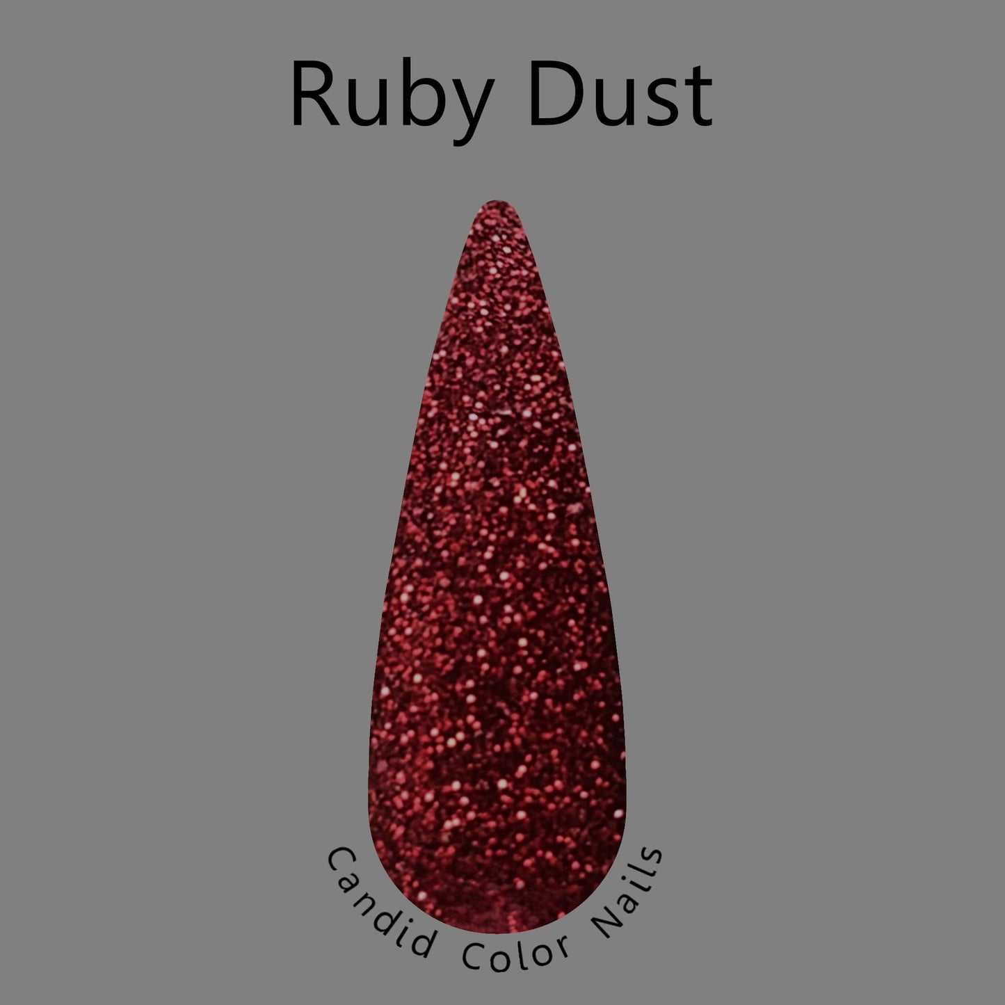 A finger nail swatch with a dark red extra fine metallic / reflective glitter in a clear dip powder base.