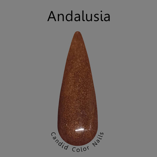 A finger nail swatch with a medium brown opaque shimmer dip powder.