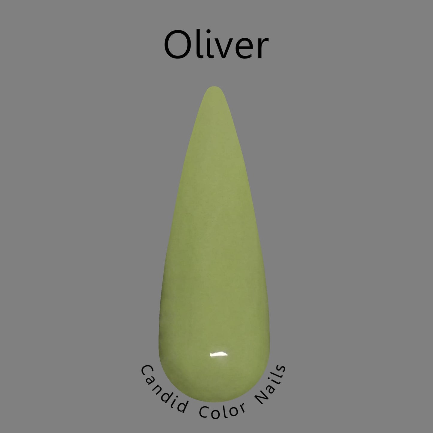 A finger nail swatch with a light green opaque dip powder.