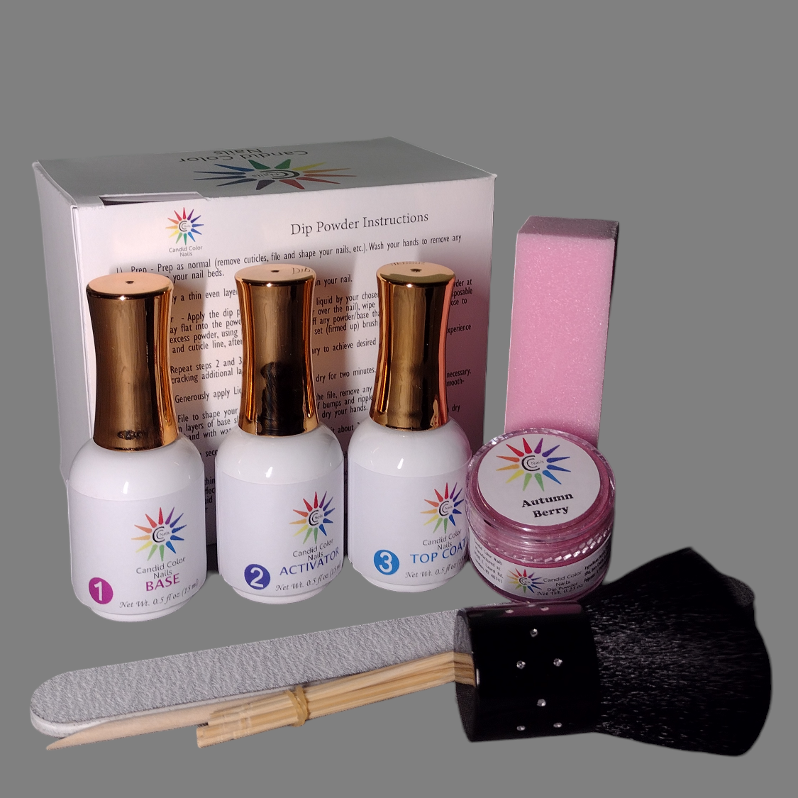 Candid Color Nails Complete Starter Kit Box with instruction on the back shown with contents: dip liquids base, activator, and Top Coat, a 0.25 oz dip powder, buffing block, dusting brush, finger nail file, cuticle stick, and 5 tooth picks.